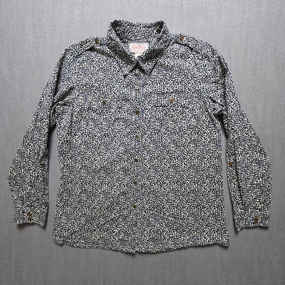 Coral Bay Button Down Shirt Women L Navy White Animal Print Roll Tab Epaulet